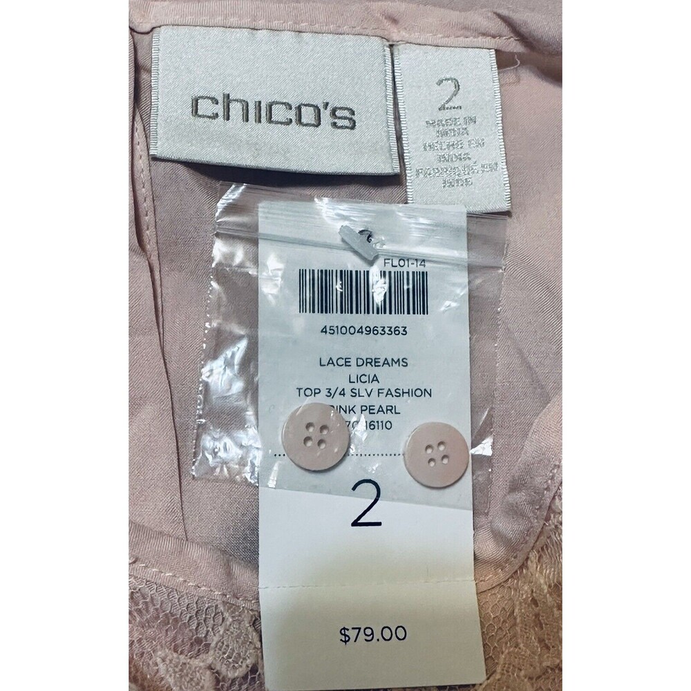 NWT Chico's Size 2 US L Pink Pearl Lace Dreams Licia 3/4 Sleeve Blouse Feminine - Picture 8 of 10